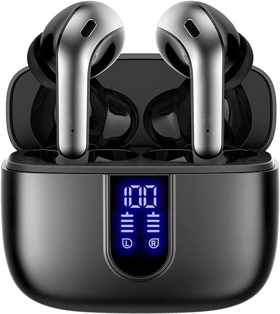 TAGRY Auriculares Bluetooth verdaderos auriculares inalámbricos de reproducción de 60 horas con pantalla de alimentación LED con funda de carga inalámbrica, IPX5, auriculares intrauditivos impermeables con micrófono para TV, teléfono inteligente, computadora, portátil y deportes - Slide 0