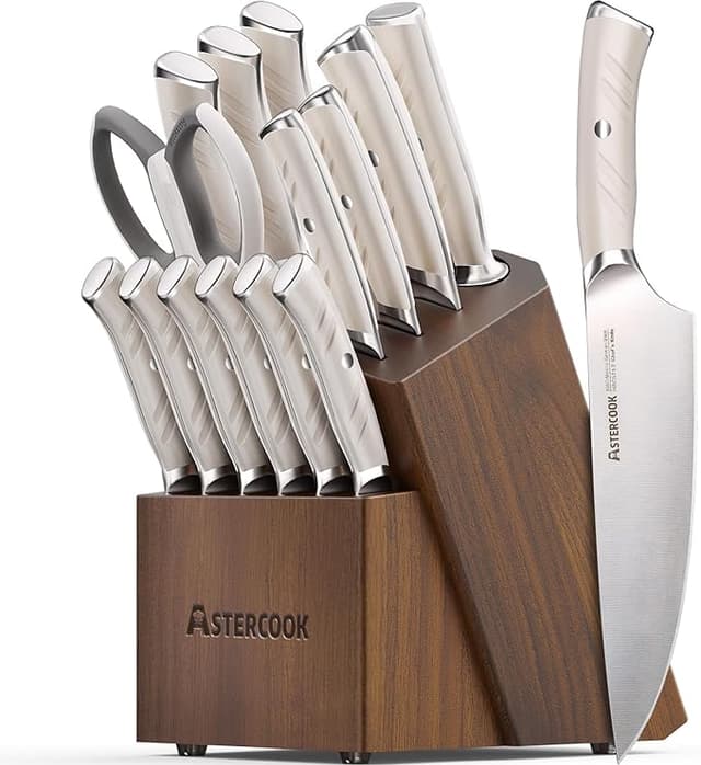 Astercook - Juego de 15 cuchillos de cocina de lujo con bloque, juego de cuchillos de acero inoxidable alemán de alto carbono - Slide 0