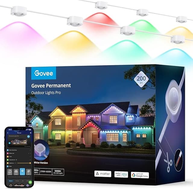 Govee Luces permanentes para exteriores Pro, 200 pies con 120 luces LED RGBIC para iluminación diaria y de acento, 75 modos de escena para Halloween, IP67 impermeable, funciona con Alexa, Google - Slide 0